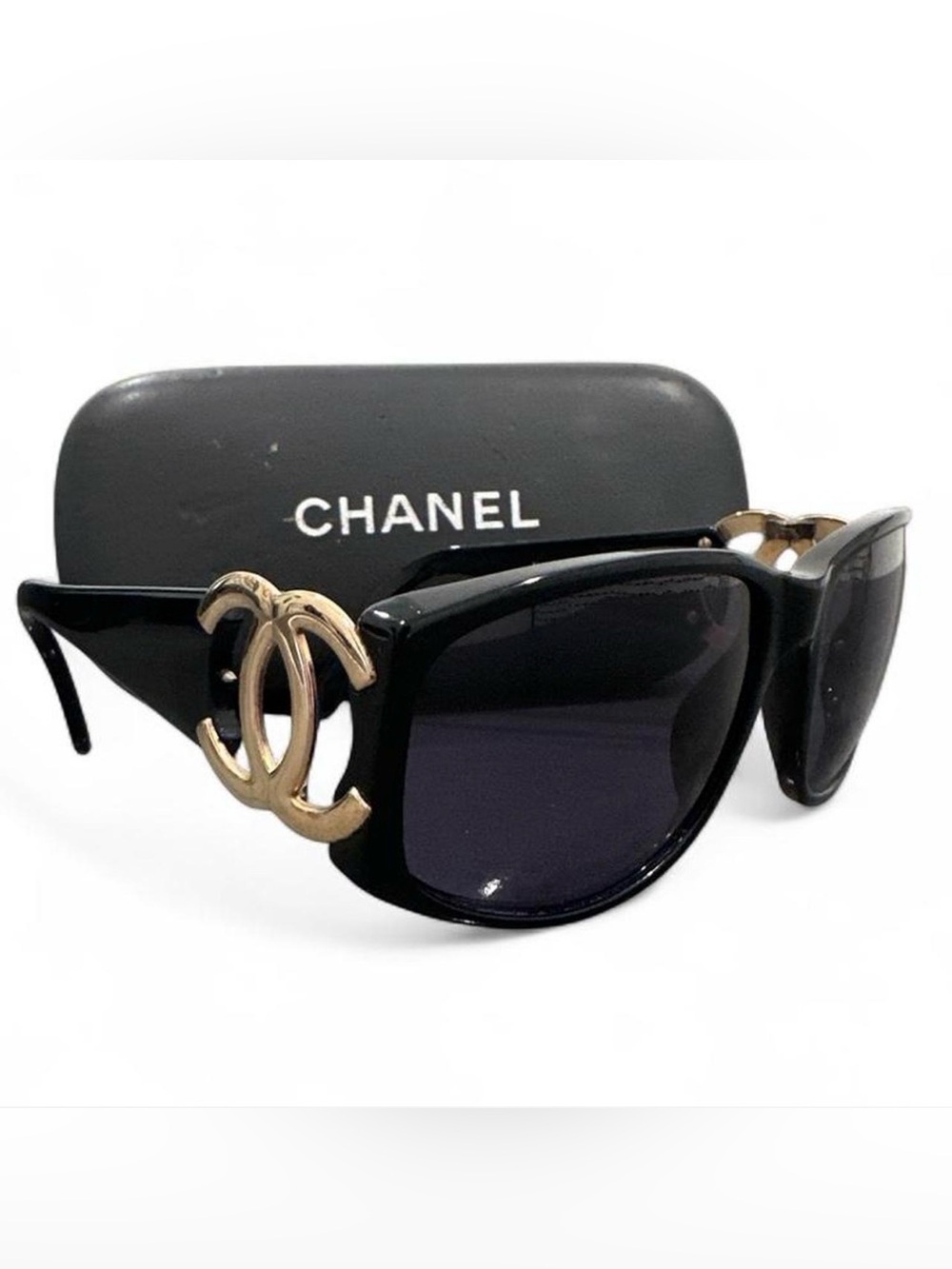 CHANEL Vintage Y2K Sunglasses with Gold CC Emblems & Case